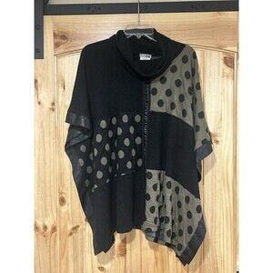 Zoe By Michael Phillips Poncho Sweater Black Olive Green Faux Leather Trim L/XL